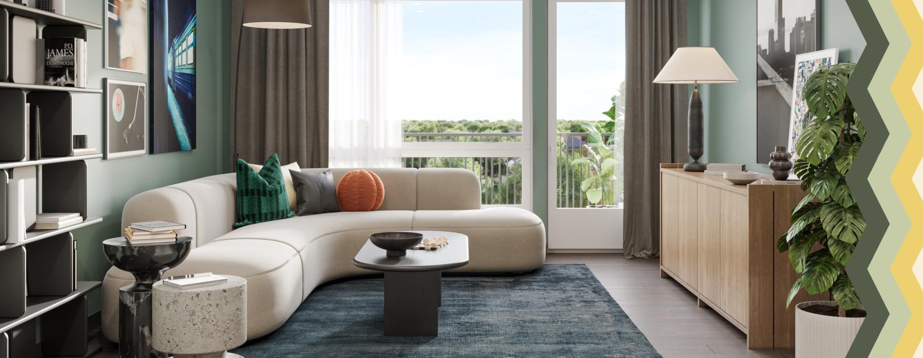 Model living room at our Seaboard Station apartments, featuring wood grain floor paneling and white couch.