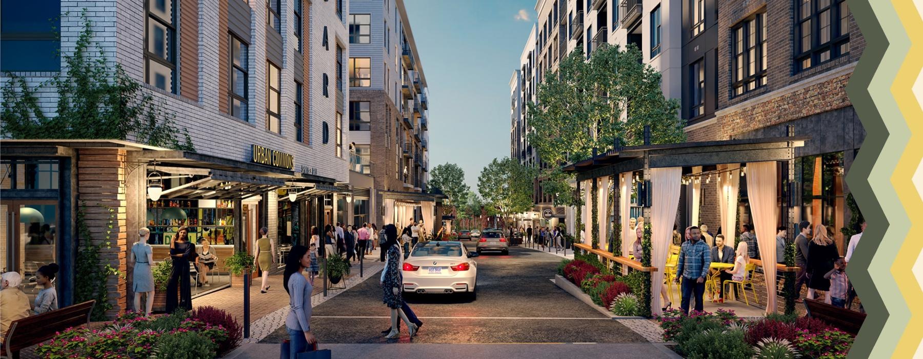 a street with people and cars